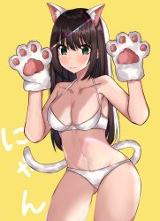 Rule 34 | 1girl, absurdres, animal ears, animal hands, blush, bra, breasts, brown hair, cat ears, cat girl, cat tail, cleavage, closed mouth, collarbone, commentary request, gloves, gluteal fold, green eyes, hair between eyes, hands up, highres, idolmaster, idolmaster cinderella girls, idolmaster cinderella girls starlight stage, kemonomimi mode, long hair, looking at viewer, medium breasts, navel, norazura, panties, paw gloves, shibuya rin, simple background, solo, tail, underwear, underwear only, very long hair, white bra, white panties, yellow background
