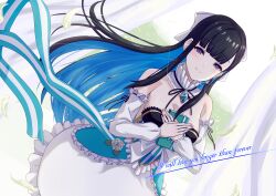 Rule 34 | 1girl, absurdres, bare shoulders, black hair, blue hair, closed mouth, collar, colored inner hair, detached collar, detached sleeves, dress, english text, frilled dress, frills, gift, hair ribbon, highres, holding, holding gift, long sleeves, looking at viewer, multicolored hair, punishing: gray raven, purple eyes, ribbon, selena (punishing: gray raven), sidelocks, solo, valentine, white collar, white day, white dress, white ribbon, yagikan (caru2338)