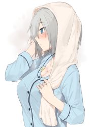Rule 34 | 10s, 1girl, blue eyes, blush, breasts, cleavage cutout, clothing cutout, commentary request, grey hair, hamakaze (kancolle), hayashi kewi, kantai collection, large breasts, long sleeves, shirt, solo, towel, towel on head, upper body
