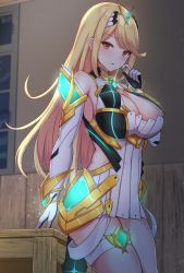Rule 34 | 1girl, :o, armor, bare shoulders, blonde hair, blush, breasts, cleavage, cowboy shot, dress, elbow gloves, faulds, gloves, glowing, indoors, large breasts, long hair, mythra (xenoblade), night, nintendo, noeomi, parted lips, pleated dress, short dress, shoulder armor, sleeveless, sleeveless dress, solo, straight hair, swept bangs, table, thigh strap, tiara, very long hair, white gloves, wrist guards, xenoblade chronicles (series), xenoblade chronicles 2, yellow eyes