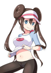 Rule 34 | 1girl, bra strap, breasts, bright pupils, brown pantyhose, closed mouth, clothes lift, collarbone, creatures (company), double bun, game freak, hair bun, large breasts, lifted by self, long hair, long sleeves, looking at viewer, midriff, navel, nintendo, panties, panties under pantyhose, pantyhose, pokemon, pokemon bw2, raglan sleeves, rosa (pokemon), shirt, shirt lift, sitting, smile, solo, stomach, twintails, underwear, v-shaped eyebrows, visor cap, watch, white panties, white shirt, wristwatch, zaxwu
