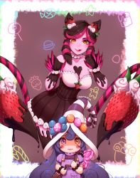 Rule 34 | 1girl, 2girls, bag, bittersweet lulu, black dress, blush stickers, breasts, brown eyes, brown hair, candy, chocolate, claws, collarbone, commentary, dress, evelynn (league of legends), food, fruit, hair ornament, hat, heterochromia, highres, holding, large breasts, league of legends, long hair, looking at viewer, lulu (league of legends), multiple girls, nanumn, pink hair, purple eyes, purple headwear, sleeveless, sleeveless dress, smile, strapless, strapless dress, strawberry, sugar rush evelynn, tongue, tongue out, wavy mouth, white headwear, yellow eyes