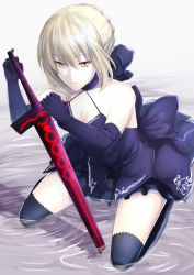 Rule 34 | 1girl, absurdres, artoria pendragon (fate), bare shoulders, blonde hair, braid, breasts, bukiya (weaponman), cleavage, dress, elbow gloves, excalibur morgan (fate), fate (series), french braid, gloves, hair between eyes, highres, looking at viewer, partially submerged, saber (fate), saber alter, small breasts, solo, thighhighs, thighs, yellow eyes