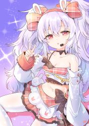 Rule 34 | 1girl, animal ears, aye, azur lane, bare shoulders, bow, checkered clothes, checkered skirt, choker, collarbone, commentary request, detached sleeves, frilled skirt, frills, hair bow, hair ribbon, hairband, half-closed eyes, highres, laffey (azur lane), laffey (bunny idol @unmotivated) (azur lane), long hair, looking at viewer, microphone, midriff, navel, pantyhose, parted lips, rabbit ears, red eyes, ribbon, simple background, sitting, skirt, solo, sparkle, twintails, v, white hair, white pantyhose