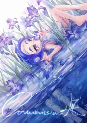 Rule 34 | 1girl, 1other, bare shoulders, barefoot, blue flower, blue hair, boots, bow, chinese commentary, commission, covering own mouth, different reflection, dress, dress bow, eyebrow cut, feet out of frame, flower, grey eyes, highres, holding, holding petal, long hair, lying, lying on water, nintendo, octoling, octoling girl, octoling player character, one eye closed, petals, reflection, reflective water, side slit, sleeveless, sleeveless dress, splatoon (series), suction cups, tentacle hair, watermark, white bow, white dress, white footwear, zh111111