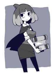 Rule 34 | book, capelet, dowman sayman, frown, greyscale with colored background, hilda (series), kaisa (hilda), librarian, pantyhose, short hair, skirt
