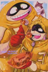 Rule 34 | 2boys, animal, animal on shoulder, black mask, blonde hair, boku no hero academia, bowl, cat, cat on shoulder, commentary request, dual persona, eye mask, fat, fat gum (boku no hero academia), fat man, feeding, food, gloves, happy birthday, highres, holding, holding bowl, holding food, hood, hood up, hooded jacket, jacket, linmari, long sleeves, looking at another, male focus, multiple boys, one eye closed, open mouth, orange eyes, red gloves, short hair, smile, takoyaki, teeth, yellow jacket, zipper pull tab