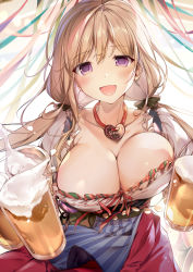 Rule 34 | 1girl, absurdres, alcohol, apron, beer, beer mug, blue apron, blush, breasts, cleavage, collarbone, cowboy shot, cup, dirndl, eyes visible through hair, german clothes, hair between eyes, hair ribbon, heart, heart necklace, highres, holding, holding cup, jewelry, karory, large breasts, light brown hair, long hair, looking at viewer, low twintails, mug, necklace, open mouth, original, purple eyes, ribbon, smile, solo, twintails, waitress