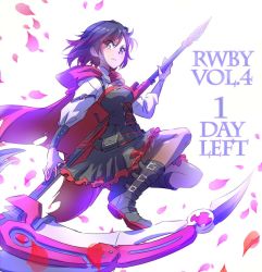 Rule 34 | 1girl, black footwear, boots, cape, commentary, crescent rose, english text, full body, iesupa, pantyhose, petals, red cape, ruby rose, rwby, solo
