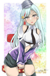 Rule 34 | 1girl, alternate color, black skirt, black thighhighs, blue hair, breasts, chair, commentary request, cowboy shot, gakky, jacket, kantai collection, large breasts, long hair, massachusetts (kancolle), military, military uniform, multicolored hair, one-hour drawing challenge, pencil skirt, purple jacket, red eyes, red hair, sitting, skirt, solo, streaked hair, thighhighs, uniform