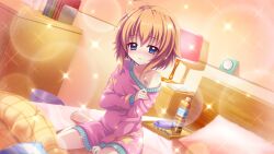 Rule 34 | 1girl, ahoge, analog clock, bedroom, between legs, blue eyes, blush, book, bottle, breasts, chest of drawers, clock, collarbone, desk lamp, digital thermometer, dot nose, dutch angle, fever, film grain, game cg, hand between legs, hand on own arm, indoors, izumi tsubasu, lamp, lens flare, looking at viewer, medicine, non-web source, official art, on bed, orange hair, oversized clothes, oversized shirt, pajamas, parted lips, pill, pillow, pink pajamas, pink shirt, purple towel, re:stage!, shikimiya mana, shirt, short hair, sick, sidelocks, single off shoulder, sitting, small breasts, solo, sparkle, star (symbol), star print, thermometer, tray, wariza, water bottle