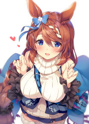 Rule 34 | 1girl, :d, animal ears, bag, between breasts, blue bow, blue eyes, blue skirt, blush, bow, braid, breasts, brown hair, commentary request, from above, hair between eyes, hair bow, hands up, heart, highres, horse ears, large breasts, long hair, looking at viewer, looking up, moeki yuuta, multicolored hair, open mouth, pleated skirt, ribbed legwear, ribbed sweater, shoulder bag, simple background, skirt, smile, solo, strap between breasts, super creek (umamusume), sweater, thighhighs, turtleneck, turtleneck sweater, two-tone hair, umamusume, very long hair, white background, white hair, white sweater, white thighhighs
