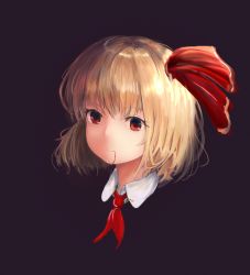 Rule 34 | 1girl, absurdres, black background, blonde hair, blood, blood on face, hair ornament, hair ribbon, highres, lumo 1121, portrait, red eyes, ribbon, rumia, short hair, simple background, solo, touhou, upper body