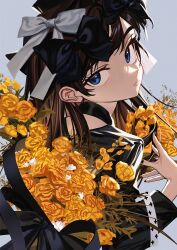 Rule 34 | 1girl, 3:, backlighting, black bow, black nails, black ribbon, blue eyes, bow, brown hair, closed mouth, eyelashes, film grain, fingernails, flower, from behind, hair behind ear, hair bow, hand up, highres, long hair, long sleeves, looking at viewer, looking back, luicent, nail polish, original, ribbon, rose, shade, solo, thick eyebrows, upper body, white bow, yellow flower, yellow rose
