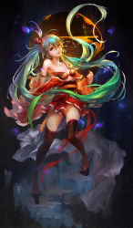 Rule 34 | 1girl, black thighhighs, bra, gradient background, green eyes, green hair, hatsune miku, highres, japanese clothes, kimono, kimono skirt, long hair, long yue zi qi, looking at viewer, matching hair/eyes, open clothes, open kimono, solo, strap slip, thighhighs, twintails, underwear, very long hair, vocaloid