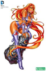 Rule 34 | 1girl, absurdly long hair, animification, arm support, armlet, bare shoulders, boots, bracer, breasts, center opening, cleavage, cleavage cutout, clothing cutout, colored sclera, colored skin, dc comics, fiery hair, fingernails, flipped hair, floating hair, from side, full body, gem, gorget, green eyes, green sclera, kotobukiya, large breasts, leaning forward, leg lift, leotard, lips, lipstick, long fingernails, long hair, looking at viewer, makeup, navel cutout, orange hair, orange skin, pink lips, red hair, rock, simple background, smile, solo, starfire, superhero costume, swept bangs, teen titans, thigh boots, thighhighs, tiptoes, vambraces, very long hair, white background, yamashita shun&#039;ya