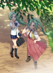 Rule 34 | 2girls, :d, black socks, blue skirt, blush, bow, bowtie, brown footwear, collared shirt, day, dress shirt, floating hair, from above, full body, green eyes, green hair, grin, gulim, hair ribbon, hand on own hip, highres, higurashi no naku koro ni, kneehighs, loafers, long hair, long skirt, looking at viewer, miniskirt, multiple girls, necktie, open clothes, open mouth, open vest, outdoors, pleated skirt, ponytail, red neckwear, red skirt, ribbon, shirt, shoes, short sleeves, siblings, sisters, skirt, smile, socks, sonozaki mion, sonozaki shion, standing, striped bow, striped bowtie, striped clothes, striped neckwear, twins, very long hair, vest, white shirt, wing collar, yellow ribbon, yellow vest