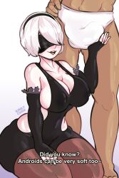 Rule 34 | 1boy, 1girl, 2b (nier:automata), absurdres, black hairband, black pantyhose, blindfold, breasts, bulge, cleavage, covered erect nipples, dress, english text, facing viewer, flaccid, hairband, highres, kinkychanart, kneeling, large breasts, large penis, leggings, mole, mole under mouth, nier:automata, nier (series), pantyhose, penis, penis grab, short hair, thick thighs, thighs, underwear, white hair, wide hips