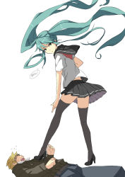 Rule 34 | 1boy, 1girl, :o, aqua hair, ataru (ataru squall), belt, black thighhighs, blonde hair, brown hair, clenched hand, english text, expressionless, faceless, faceless male, finger gun, floating hair, flying sweatdrops, green eyes, hatsune miku, head tilt, high heels, jacket, kneepits, legs, long hair, long legs, looking at viewer, looking back, lying, miniskirt, on back, open mouth, pants, pleated skirt, school uniform, serafuku, shaded face, shirt, shoes, short hair, short sleeves, sidelocks, simple background, skirt, sound effects, speech bubble, standing, stepped on, sweatdrop, thighhighs, twintails, very long hair, vocaloid, white background, yellow eyes, zettai ryouiki