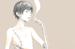 Rule 34 | 1boy, black hair, blue eyes, cigarette, collarbone, english text, exposed bone, looking to the side, male focus, oekaki, original, re:i, ribs, simple background, skeletal arm, smoke, smoking, solo, stitches, tan background, topless male, upper body