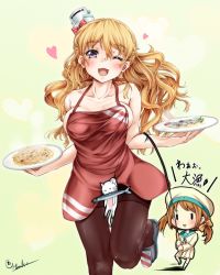 Rule 34 | 10s, 2girls, apron, blonde hair, blue eyes, bouncing breasts, breasts, brown hair, cat, censored, chibi, collarbone, error musume, eyebrows, fish, fishing, food, hair between eyes, hat, heart, kantai collection, long hair, medium breasts, multiple girls, naked apron, one eye closed, open mouth, pantyhose, pasta, red apron, rod, running, signature, simple background, spaghetti, tsukineko, twintails, zara (kancolle)