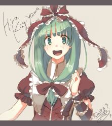 1girl arm_ribbon bow frilled_ribbon frills front_ponytail green_eyes green_hair hair_ribbon kagiyama_hina looking_at_viewer open_mouth puffy_short_sleeves puffy_sleeves red_bow red_ribbon ribbon short_sleeves smile solo takuzui touhou upper_body