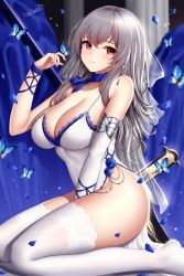 Rule 34 | 1girl, arm warmers, azur lane, bad id, bad twitter id, bare shoulders, between legs, blue ribbon, blurry, breasts, bug, butterfly, cleavage, collarbone, cross, depth of field, dress, grey hair, hand up, highres, impossible clothes, impossible dress, insect, lace trim, large breasts, long hair, looking at viewer, mole, mole under eye, neck ribbon, no panties, official alternate costume, pelvic curtain, red eyes, ribbon, saint-louis (azur lane), saint-louis (holy knight&#039;s resplendence) (azur lane), saint-louis (holy knight&#039;s resplendence) (azur lane), seiza, single arm warmer, sitting, sleeveless, sleeveless dress, smile, solo, spaghetti strap, thighhighs, thighs, white dress, white thighhighs, wsman