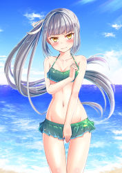 Rule 34 | 1girl, beach, bikini, bikini skirt, blue bikini, blue sky, blush, breasts, brown eyes, cleavage, collarbone, covering privates, covering crotch, day, embarrassed, floating hair, frilled bikini, frills, frown, gluteal fold, green bikini, grey hair, groin, hair ribbon, head tilt, kantai collection, kasumi (kancolle), kasumi kai ni (kancolle), light particles, long hair, looking at viewer, navel, ocean, outdoors, r-choco, ribbon, sand, side ponytail, sidelocks, sky, small breasts, solo, stomach, swimsuit, thighs, tsundere