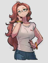 Rule 34 | 1girl, alternate hairstyle, android 21, blue eyes, blue pants, bracelet, closed mouth, dragon ball, dragon ball fighterz, earrings, glasses, grey shirt, hand on own hip, hoop earrings, jewelry, kemachiku, long hair, looking at viewer, pants, red hair, red ribbon army, shirt, short sleeves, solo, t-shirt