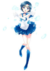 Rule 34 | 1990s (style), 1girl, :o, bad id, bad pixiv id, bishoujo senshi sailor moon, blue dress, blue eyes, blue footwear, blue hair, blue sailor collar, blue skirt, boots, bow, bubble, choker, crossed arms, dress, elbow gloves, full body, gloves, knee boots, magical girl, matching hair/eyes, mizuno ami, pleated skirt, ribbon, sailor collar, sailor mercury, short hair, skirt, solo, tanaka (colorcorn), tiara, white background, white gloves