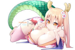 Rule 34 | 1girl, ass, bare shoulders, blonde hair, breasts, cleavage, horns, hot vr, kobayashi-san chi no maidragon, large breasts, long hair, lying, on side, orange eyes, solo, tail, thighhighs, tohru (maidragon), twintails