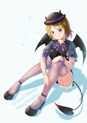 Rule 34 | 1girl, artist name, artist request, black hat, black high heels, black vest, blush, bow, bowtie, bracelet, brown hair, demon horns, demon tail, demon wings, fang, female focus, fortissimo, full body, hair between eyes, hair ornament, hands on legs, hat, high heels, highres, horns, jacket, jewelry, koizumi hanayo, looking at viewer, love live!, love live! school idol festival, love live! school idol project, musical note, musical note hair ornament, pink legwear, puffy short sleeves, puffy sleeves, purple eyes, purple legwear, rp0ku, rpku, scrunchie, shirt, short hair, short sleeves, skirt, sleeves rolled up, smile, solo, striped bow, striped bowtie, striped clothes, striped shirt, tail, vest, white background, white skirt, wings, wrist scrunchie