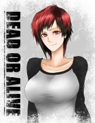 Rule 34 | 1girl, blush, breasts, collarbone, copyright name, dead or alive, dead or alive 5, healtz, highres, large breasts, mila (doa), multicolored hair, raglan sleeves, red eyes, red hair, short hair, smile, solo, tecmo, two-tone hair
