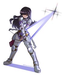 Rule 34 | 1girl, absurdres, armor, astrid (fire emblem), black hair, boots, bow (weapon), breastplate, commission, fire emblem, fire emblem: path of radiance, full body, greaves, highres, holding, holding sword, holding weapon, long hair, looking at viewer, nintendo, orange eyes, pauldrons, pixiv commission, shoulder armor, silvercandy gum, simple background, solo, standing, sword, weapon, white background, white footwear