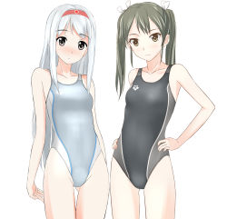 Rule 34 | 10s, 2girls, arena (company), bad id, bad pixiv id, breasts, brown eyes, competition swimsuit, grey hair, hairband, highres, kantai collection, long hair, multiple girls, one-piece swimsuit, shoukaku (kancolle), small breasts, standing, swimsuit, takafumi, thighs, twintails, white background, zuikaku (kancolle)