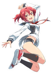 Rule 34 | 1girl, :d, antenna hair, arm up, ass, black socks, blush, breasts, from behind, full body, hair ornament, hair scrunchie, highres, isshiki akane, jumping, kneehighs, long hair, long sleeves, looking at viewer, looking back, michairu, open mouth, red eyes, red hair, school uniform, scrunchie, shirt, shoes, short hair, short shorts, short twintails, shorts, simple background, small breasts, smile, socks, solo, twintails, upshirt, vividred operation, white background, white footwear, white shirt, white shorts