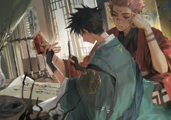 Rule 34 | 2boys, architecture, arm tattoo, black hair, black kimono, black nails, blue eyes, calligraphy, calligraphy brush, chair, closed mouth, curtains, desk, east asian architecture, facial tattoo, fingerless gloves, flower, fushiguro megumi, gloves, hand on own face, haori, highres, holding, holding paintbrush, indoors, japanese clothes, jujutsu kaisen, kimono, long sleeves, male focus, multiple boys, nail polish, paintbrush, paintbrush rack, paper, pink hair, plant, red eyes, ryoumen sukuna (jujutsu kaisen), scroll, short hair, sitting, spiked hair, tattoo, vase, wide sleeves, woshihedawei, writing