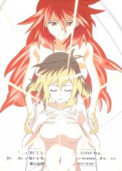 Rule 34 | 10s, 2girls, amou kanade, behind another, breasts, collarbone, closed eyes, hands on own chest, highres, large breasts, light brown hair, light rays, long hair, looking at another, mototenn, multiple girls, navel, nude, parted lips, red eyes, red hair, scar, senki zesshou symphogear, short hair, smile, tachibana hibiki (symphogear), teeth, text focus, very long hair, wavy hair, white background
