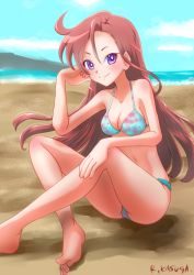 Rule 34 | artist name, bare arms, bare legs, bare shoulders, barefoot, beach, bikini, blue bikini, blush, cloud, cloudy sky, commentary request, day, hair between eyes, halterneck, hand on own face, hand on own knee, indian style, kasuga rurito, knees up, long hair, looking at viewer, multicolored bikini, multicolored clothes, navel, outdoors, pink bikini, precure, purple eyes, red hair, sand, shiny skin, sideways glance, signature, sitting, sky, smile, solo, swimsuit, takizawa asuka, tropical-rouge! precure