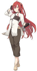 Rule 34 | 1girl, ahoge, black hairband, boots, bow, breasts, brown pants, commentary, eris greyrat, gloves, hair between eyes, hairband, long hair, looking at viewer, mushoku tensei, pants, red hair, scabbard, sheath, shirt, shiseki hirame, simple background, small breasts, solo, sword, weapon, white background, white shirt