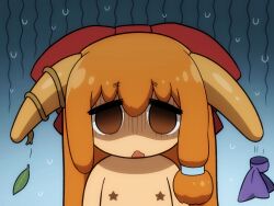Rule 34 | 1girl, bow, brown eyes, brown horns, chibi, commentary request, empty eyes, expressive clothes, falling leaves, gloom (expression), hair bow, horn bow, horn ornament, horns, ibuki suika, leaf, long hair, looking at viewer, medium bangs, nude, open mouth, orange hair, purple bow, shirosato, sidelocks, solo, touhou, upper body
