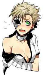 Rule 34 | 1girl, amiya64k7, arrancar, bleach, blonde hair, blush, breasts, cleavage, eyepatch, green eyes, menoly mallia, open mouth, short hair, simple background, small breasts, solo, undressing, white background