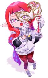 Rule 34 | 1girl, :o, carnival mask, fingerless gloves, from above, full body, gloves, gradient hair, highres, inkling, inkling girl, inkling player character, jacket, long hair, looking at viewer, mask, mind control, multicolored hair, nintendo, open mouth, pants, pink eyes, pointy ears, psya ma, purple hair, red hair, red pants, shoes, simple background, solo, splatoon (series), standing, tentacle hair, two-tone hair, unworn mask, very long hair, white background, white footwear, white gloves, white jacket
