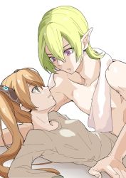 Rule 34 | 1boy, 1girl, bare pectorals, bishounen, breasts, brown hair, coma (macaron), commentary request, eye contact, faize scheifa beleth, green hair, long hair, looking at another, lymle lemuri phi, open mouth, parted lips, pectorals, pointy ears, purple eyes, short hair, star ocean, star ocean the last hope, topless male, towel, towel around neck, twintails, upper body