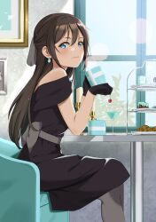 Rule 34 | 1girl, bare shoulders, black dress, black gloves, blue eyes, bow, brown hair, closed mouth, cup, dress, earrings, gloves, gorilla-shi, grey bow, hair bow, highres, holding, holding cup, indoors, jewelry, long hair, looking at viewer, love live!, love live! nijigasaki high school idol club, off-shoulder dress, off shoulder, osaka shizuku, sidelocks, sitting, solitude rain (love live!), solo, steam