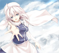 Rule 34 | 1girl, bad id, bad pixiv id, beckoning, blue eyes, cloud, female focus, hat, letty whiterock, light purple hair, long sleeves, mountain, open mouth, outstretched hand, pink hair, short hair, sky, smile, solo, takemori shintarou, touhou, white hair