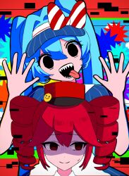 Rule 34 | :d, aqua hair, averting eyes, black eyes, blue background, blue dress, blue hat, border, bow, closed mouth, commentary, corrupted twitter file, crazy, diagonal-striped bow, dress, drill hair, empty eyes, front-to-back, glitch, gloom (expression), hair between eyes, hands up, hat, hat bow, hatsune miku, head tilt, highres, kasane teto, long hair, looking at viewer, looking to the side, mesmerizer (vocaloid), nervous, nervous smile, open mouth, outside border, pinstripe dress, pinstripe hat, pinstripe pattern, raised eyebrows, red border, red bow, red eyes, red hair, red hat, ringed eyes, shaded face, sharp teeth, sidelocks, smile, smiley face, smiley hair ornament, sweatdrop, teeth, tongue, tongue out, tridecagram, twin drills, twintails, utau, very long hair, visor cap, vocaloid, wanda hoir, white bow
