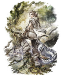 Rule 34 | 1girl, animal, arrow (projectile), blonde hair, boots, bow (weapon), braid, braided ponytail, cape, fingerless gloves, fur cape, fur trim, gloves, h&#039;aanit (octopath traveler), looking to the side, octopath traveler, octopath traveler i, official art, quiver, roots, short cape, single braid, snow leopard, solo, square enix, tail, toned, tree, weapon, yoshida akihiko