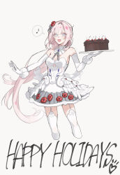 Rule 34 | 1girl, :d, bare shoulders, blue eyes, breasts, cake, cropped legs, dress, elbow gloves, elf, elysia (honkai impact), english text, flower, food, gloves, grey background, hair flower, hair ornament, highres, holding, holding food, honkai (series), honkai impact 3rd, long hair, looking at viewer, medium breasts, musical note, open mouth, pink hair, pointy ears, red flower, red rose, rose, simple background, smile, solo, spoken musical note, strapless, strapless dress, thighhighs, very long hair, white dress, white gloves, white thighhighs, zhen wuzei