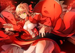 Rule 34 | 10s, 1girl, blonde hair, breasts, cleavage, dress, fate/extra, fate (series), flower, green eyes, miya (izumi369), nero claudius (fate), nero claudius (fate), nero claudius (fate/extra), open mouth, petals, rose, rose petals, solo, sword, weapon